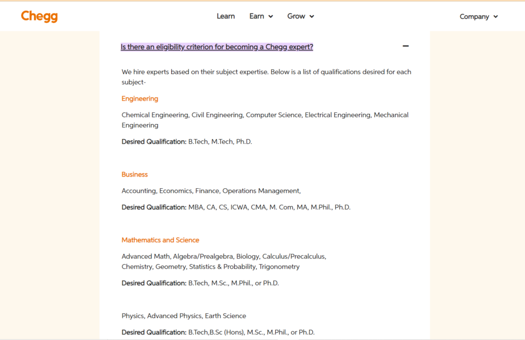 subject wise eligibility on Chegg 